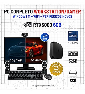 CONJUNTO WORKSTATION/GAMER HP Z2 G5 MICRO/MINI | XEON=i7-8700K | 32GB RAM | 960GB SSD | RTX3000-6GB=RTX3050-6GB COM MONITOR + ACESSORIOS